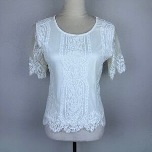 Young Threads White Lace Overlay‎ Short Sleeve Blouse Women's Sz S Indie Boho